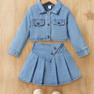 2- Jong Meisje Casual College Stijl Gewassen Denim Lange Mouw Top en Gewassen Denim Geplooide Rok Set, Perfect voor Buiten