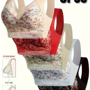 5 stks Elegante Dames' Kanten Draadloze Bh, Comfortabel en Ademend Samenkomen Bh, Volledige van Stalen Ring-Vrije Cup Push Cup Ondergoed, Sexy Dames' Ondergoed