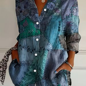 Casual Dameshemd met Lange Mouwen - Retro Bloemenprint en Paisley & Geometrische Patronen, Klassieke Kraag, Machinewasbaar, Veelzijdige Top voor Casual & Formele Kleding, Niet-Doorschijnende Stof