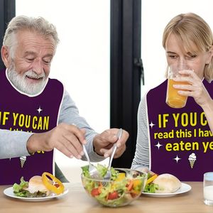 1 stuk - volwassen slab met schortontwerp – Makkelijk te reinigen materiaal met grappige voedselprints en maaltijdfrazen – voor ouderen & volwassenen bij dysfagiezorg, hulp tijdens het eten