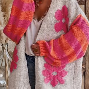 Vrouwen plusgrootte V-hals cardigan met bloemenprint, casual lange mouwen gebreide trui voor herfst/winter - losse pasvorm, gestreepte detail, rechte zoom, plusgrootte truien