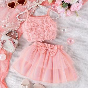 2-delige meisjes bloemenprint mouwloze top & tule rok set - Zachtroze & zoom, ademende mesh rok met strik detail, perfect voor lente/zomer, voor buiten