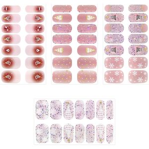 4 stuks Kerst Nagelstickers - Glanzende Glitter & Sneeuwvlok Boom Plaknagels met Gouden Sterren, Roze/Wit/DIY Manicure Set voor Feestdagen, Bruiloften, Nieuwjaar (Geen Lamp Nodig)