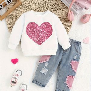 Meisjes Kerst- en Valentijnsdag Lente/Herfst Cool Perzik Hart Sweatshirt en Perzik Hart Patchwork Denim Broek 2-, Perfect voor Buiten