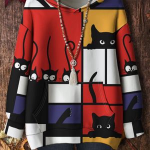 Plus Size, Plus Size Dames Hooded Pullover Sweatshirt met Zakken, Color Block Uil All- Losse Pasvorm Casual Top. Geen Accessoires