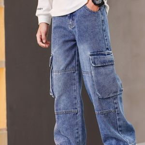 Kinderen Casual Cargo Broeken met meerdere zakken - Mid-Rise Rechte-Leg Denim Jeans voor Lente & Herfst, Relaxed Fit voor Kinderen & Tieners, Boy Jeans, Tienerskleding, Functionele Zakken
