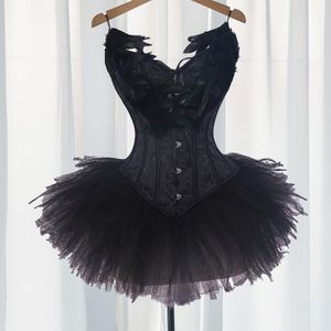 Gotische Off-the-Shoulder Bodycon Jurk met Veters en TUTU Korte Rok Zwart Engel Cosplay Kostuum voor Halloween Podiumoptreden