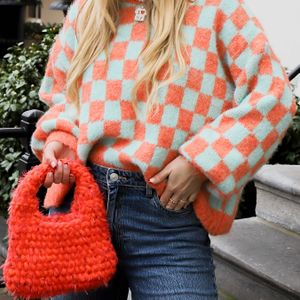 Vrouwen Casual Ronde Hals Kleurblok Ontwerp, Zachte Lantaarnmouw Trui voor Herfst en Winter, Comfortabele Mode Stijl, Warme en Knusse Stof