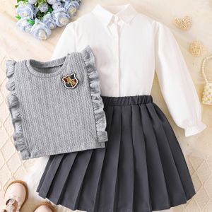 3-delige set: Meisjes Lente/Herfst Ronde Hals Mouwloos Vest, Wit Lange Mouw Shirt met Geplooide Rok Casual Outfit, Franse Stijl Mode voor Kinderen, Kerstcadeau, Zoet en Coole Vrouwelijke Design