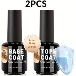 15ml No Wipe Gel en Base Coat Set - Glans Afwerking en Langdurige Soak Off LED/Nagellamp Gel Base Afwerking Nagelkunst Design Manicure Cadeaus voor Vrouwen