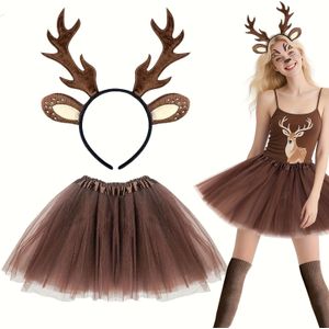 2 stuks & Dames Hertenkostuum Set met Gewei Haarband & Chiffon Tutu Rok - Zacht & Wit Hertjes Outfit voor Kerstmis, Halloween, Notenkraker Ballet, Renaissance Beurzen - Feestjurk