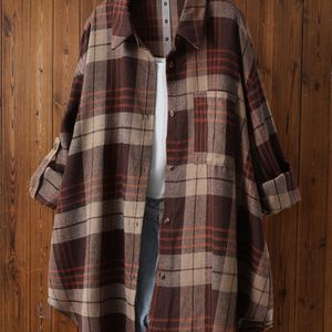 Plus Size - Elegant Casual Geruit Shirt met Lange Mouwen | Dames Plus Size, Reverskraag, Knoopdetails, Licht Stretch Materiaal, Geschikt voor Lente/Zomer/Herfst