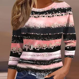 Casual Dames T-shirt met 3/4 Mouwen en Streepjesprint - Ontspannen Pasvorm Ronde Hals in Roze, Zwart & Wit voor Lente Zomer Herfst, Dames T-shirts, Seizoensmode, Machinewasbaar