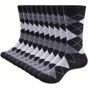 10 Paar Heren Argyle Gestreepte Geribbelde Zwarte Crew Sokken Dagelijkse Zakelijke Sokken Zwart Wit