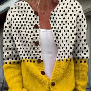 Dames 3D Polka Dot Gebreide Cardigan, 100% Polyester Crew Neck Sweater met Overal Print en Detail, Lichtgewicht 270g/m² Gebreide Stof, Veelzijdig voor Alle Seizoenen