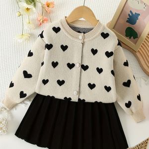 Meisjes Cardigan Trui Set met Liefdesborduurwerk Lange Mouw Gebreide Jas en Rok Koreaanse Stijl Kinderkleding