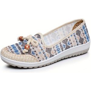 Breathable Mesh Slip-on Sneakers For Women - Soft Rubber Sole, Ethnic Floral Pattern In , Comfortable Casual Shoes With Bow Detailing