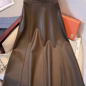 Dames Elegante Bruine PU Maxi Jurk met Volle Rok & Zipper Achter - Gestructureerde T-lijn Silhouet, Wasmachinebestendig Alledaags en Semi-formeel Outfit voor Feestjes