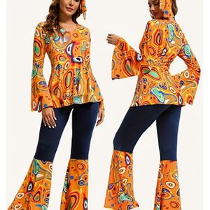 Dames 70s Disco Outfit - Retro 70s Disco Party Kostuum met Lange Mouw Shirt, Broek & Hoofdband, Oranje & Tropische Print, Zoom, Disco Kleding voor, Casual Kleding|Retro Stijl|