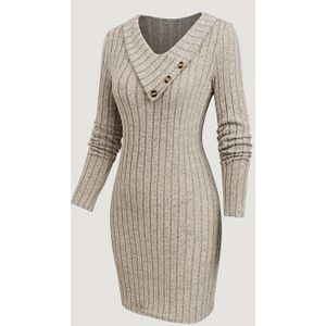 Vrouwelijk Ribbeltrui Jurk, Kleur V-Hals met Nepknopen, Polyester 100%, Herfst/Winter Seizoen, 200g/m² Weefselgewicht