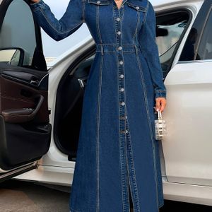 Dames Elegante Blauwe Denim Maxi Jurk met Kraag & Witte Piping - Gestructureerde A-lijn Knoopsluiting Jasachtige Jasjurk, Wasmachinebestendige Winter Herfst Outfit voor Bruiloften, Feesten (Nee)