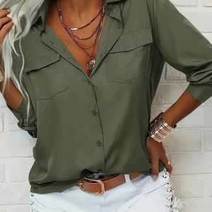 Plus Size - Dames Casual Lange Mouw Overhemd met Knoopsluiting - Kleur, Kraag, Losse Pasvorm, Lente/Zomer/Herfst , Klassiek Kraagontwerp | Stijlvolle Knopdetails