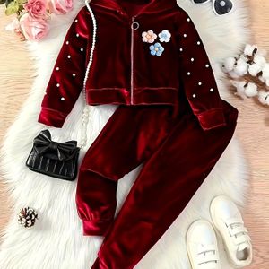 2- Fluwelen Meisjes Luxe Lange Mouw Driedimensionale Bloemen Hoodie en Joggingbroek Set - Zacht, Warm, Stijlvol voor Winter- en Herfstfeesten