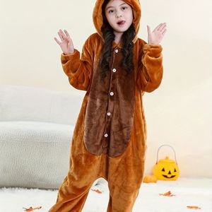 Dieren Capuchon Onesie Kinderen Flanellen Kleding 4-12J voor Herfst en Winter, Speeloutfit,Buitenspelen in ,Winter Trainingspak,Capuchonontwerp,Gedrukt Dierenpatroon,Flanellen Stof