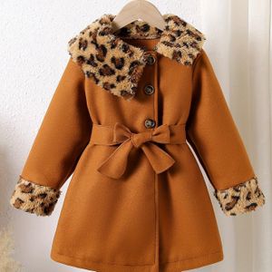 Elegante Meisjes' Luipaardprint Fleece-Gevoerde Jas met Riem - Lange Mouwen, Knoopsluiting, Perfect voor Herfst/Winter