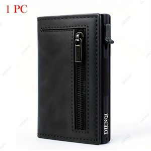 Rfid Blocking Slim Wallet - Black Leather, Coin Compartment, Metal Card Holder, Thin Design For Men, Secure Zipper Closure, Essential Accessory | Minimalist Wallet | Secure Zipper Closure