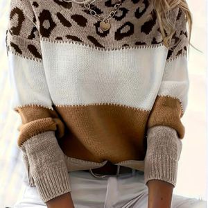 Plus Size - Elegante Luipaardprint Kleurblok Trui - Oversized Lange Mouwen Pullover met Geribbelde Manchetten, Ronde Hals en Knoopdetails voor Vrouwen, Herfst Winter Mode, Luipaardprint Trui