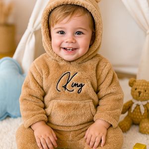 Herfstset met capuchon en letterprint voor jongens, set met warme sweatshirt met lange mouwen en pantalon met beeroren, perfect voor buiten