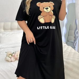 Plus schattig nachthemd voor dames, grote maten cartoonbeer en letterprint met korte mouwen en ronde hals