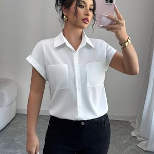 Women's Lightweight Solid Color Short Sleeve Button-up Shirt - Retro Style, Polyester Fabric, Pointed Collar, Chest Pockets, Work, Casual & Spring/summer/fall