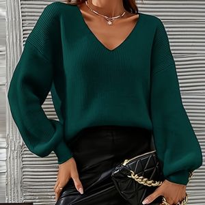 Modieuze Franse V-hals Drop Shoulder Trui - Donkergroen Casual Acryl Nylon Mix Breigoed met Hoge Elasticiteit, Perfect voor Herfst/Winter om Elegantie en Schoonheid te Toneren