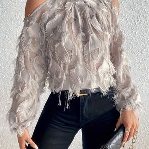 Vrouwen's Elegante Pluche-Like Gerimpelde Lange Mouw Blouse - Semi- Ronde Hals Pullover Shirt, All-Seizoen Veelzijdige Top voor Casual & Formele Kleding, Verenachtig Textuur, Vloeiend Design