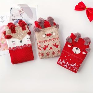 3 Geschenkdoosjes met Kerstsokken voor Kinderen, Herfst- en Winterkinderen Sokken, Dikke Terry Kinderen Sokken, Meisjes Middellange Kerst Warmte, Nieuwjaars Rode Sokken