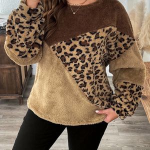 Vrouwen Luipaard Print Patchwork Fleece Sweatshirt - Polyester Ronde Hals Lange Mouw Casual Jonge Stijl Gebreide Top voor Herfst/Winter