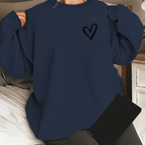 Vrouwen Oversized Ronde Hals Sweatshirt met Zwarte Hartprint - Casual Losse Pasvorm Pullover, Wasmachinebestendige Lente/Herfst , Dames Sweaters, Zacht Textiel Kledingstuk