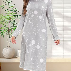 Dames Slaapjurk voor Thuis met en Sterren Print, Ronde Hals Lange Mouwen Maxi Nachthemd