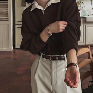 Vintage Patchwork Kraag Contrastkleur Sweatshirt Heren Lente/Herfst Designer Commuter Top Koreaanse Stijl Trendy Lange Mouwen Shirt Op Voorraad