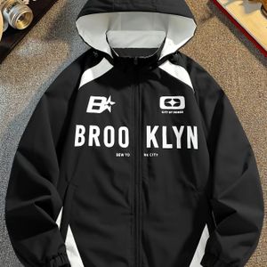 Brooklyn-Geïnspireerde Heren Lichtgewicht Winddichte Hoodie - Casual Sportieve Ritsjack met Zijstreep, Lange Mouwen & Trekkoord Detail, Machinewasbaar Polyester, Ritsjack