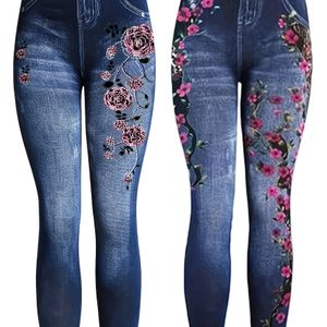 2-Pack Dames Bloemen Print Hoge Taille Elastische Panty's, Casual Polyester 100% Gebreide Stof, Volwassen , 200g/m² Gewicht