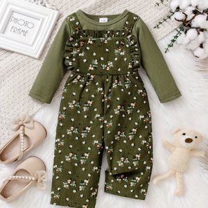 Baby Meisje Herfst en Winter Olijfgroene Bloemen Overalls Set met Kraag Lange Mouwen Top + Kleine Bloem Overalls Tweedelige Set Bosuitje Kleding (Schouderbanden Verstelbaar), voor Buiten