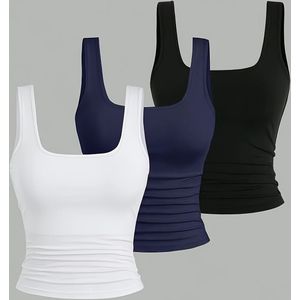 3-delige set tanktops voor dames in kleur - Casual zomerse V-hals tanktops in wit, rood en zwart, ademend polyestermateriaal voor casual kleding, dames tanktops