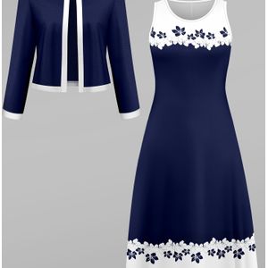 Casual en elegante tweedelige set met een modieuze patchwork vestjas en een kleurblokken jurk met bloemenprint