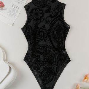 1pc Y2K Mode Doorzichtige Mesh & Fluweel Druk Mouwloze Crew Halslijn Body, Polyester Knit Stof, Alle-Seizoenen Elegante Jumpsuit