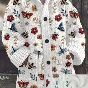 Gedrukt Ontwerp – Niet Gestikte Borduurwerk Dames Witte Capuchon Dikke Drop Shoulder Cardigan met Verfijnd Insecten- en Bloemenprint, Noordse Mode Herfst/Winter Stof