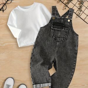 Jongens Lente/Herfst Lange Mouw Kleur Sweatshirt Top + Zwarte Tuinbroek Baby Uitgaanskleding 2-delige Set, Perfect voor Buiten