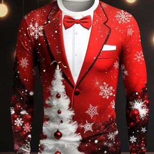 Heren Kerst Polyester Lange Mouw Shirt, Ronde Hals met Sneeuwvlok en Boomprint, Casual Gebreide Stof, Pasvorm, 100% Polyester, 164 gsm - Festieve Feestkleding